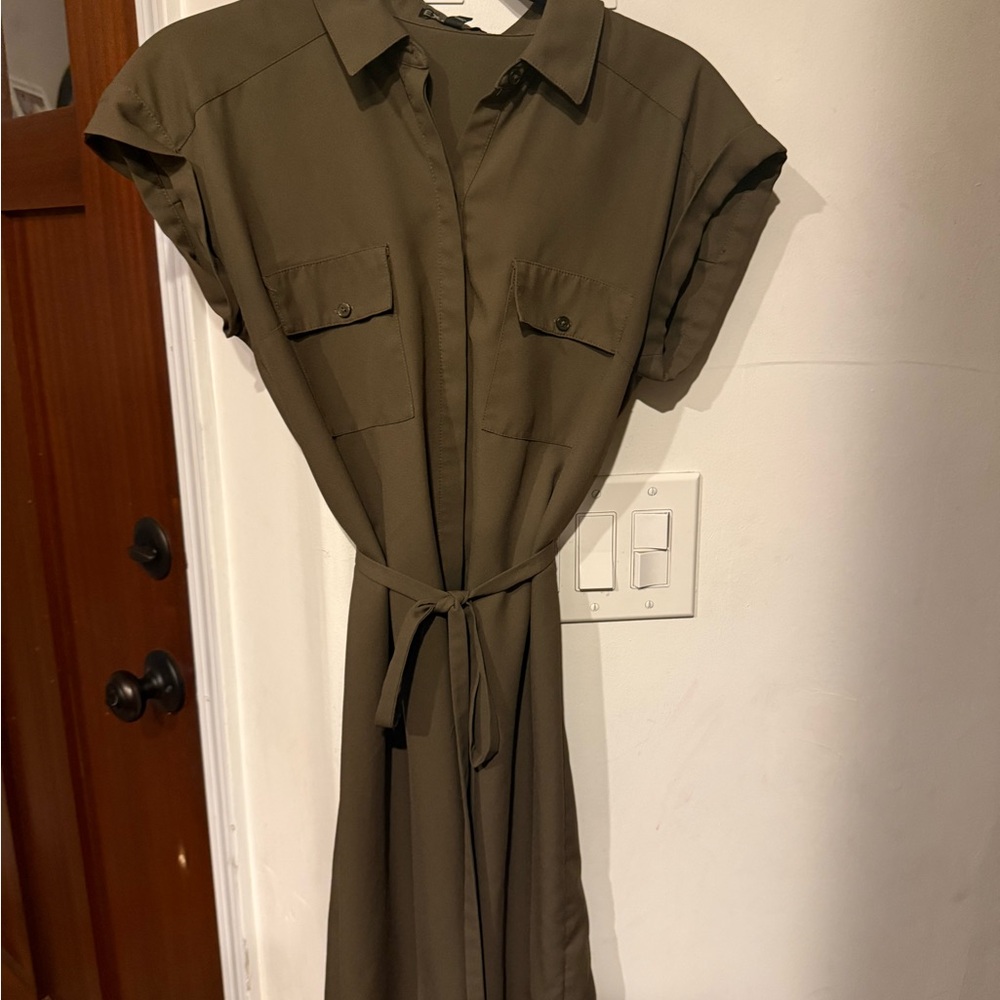 Express Olive Green Midi Shirt Dress with Tie Waist
